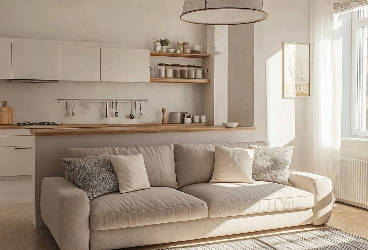 Диван и аккуратный "полуостров" отделяют гостиную от кухни