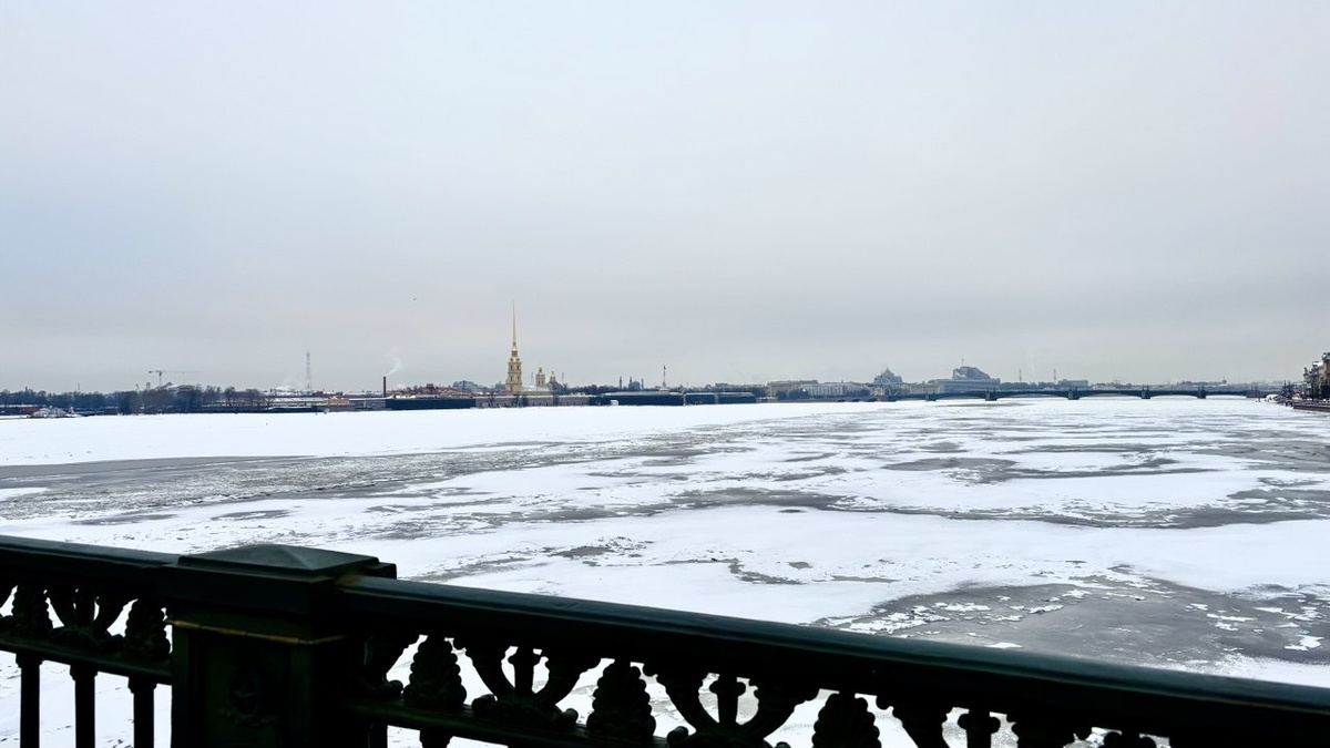 Река Нева, вид с Дворцового моста. Впереди виднеется шпиль Петропавловского собора, там находится Заячий остров