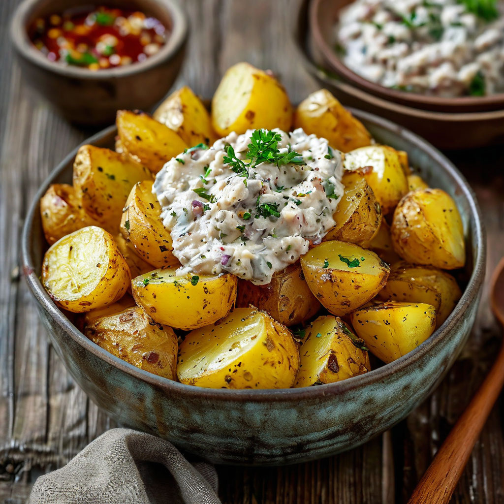 Отварной картофель с пикантным соусом из сельди 