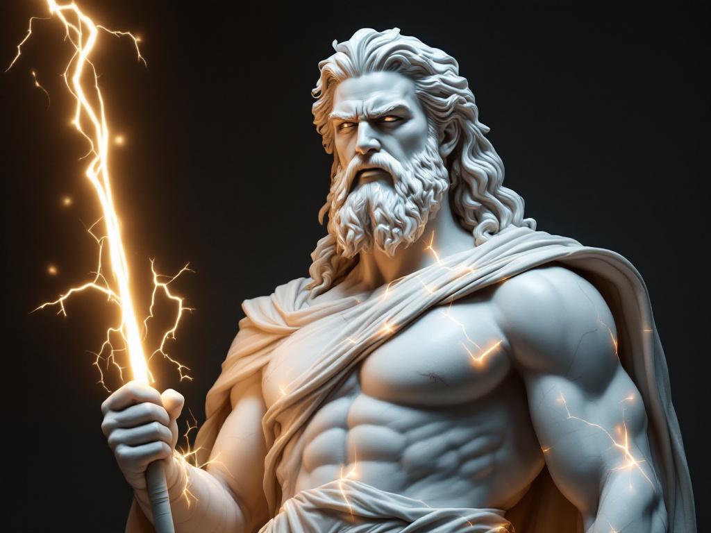 Скульптура Зевса, с молнией в руке, освещённая мягким светом