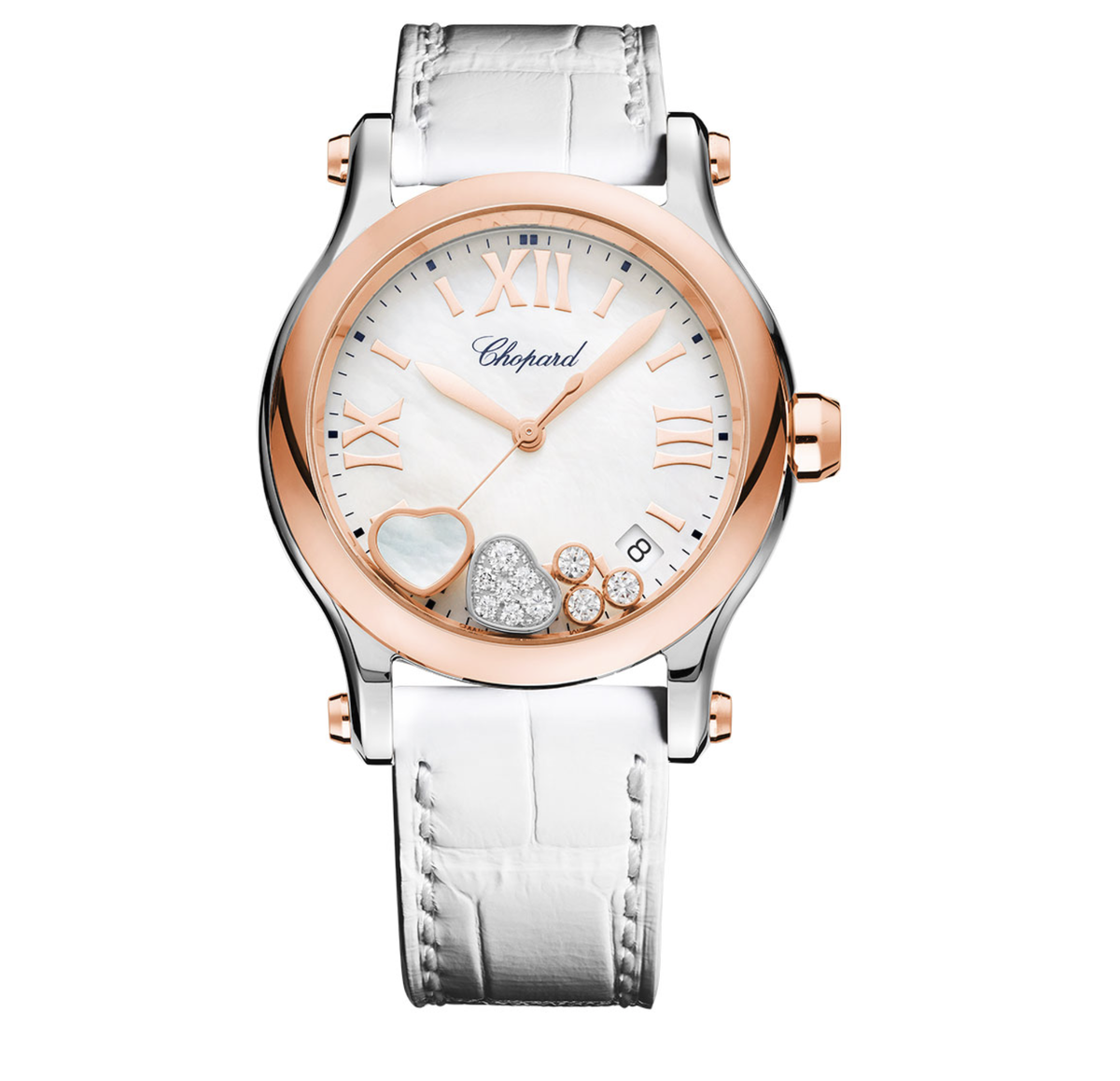 Часы Chopard в 36 мм корпусе из розового золота и стали с указателем даты, плавающими сердцами и тремя бриллиантами