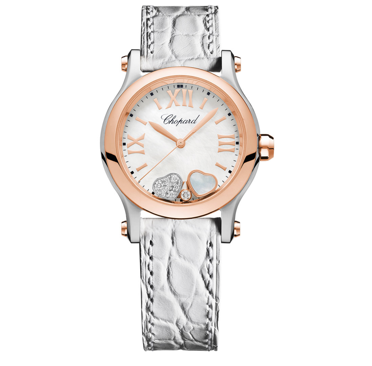 Часы Chopard в 30 мм корпусе из розового золота и стали с 2 плавающими сердцами и бриллиантом