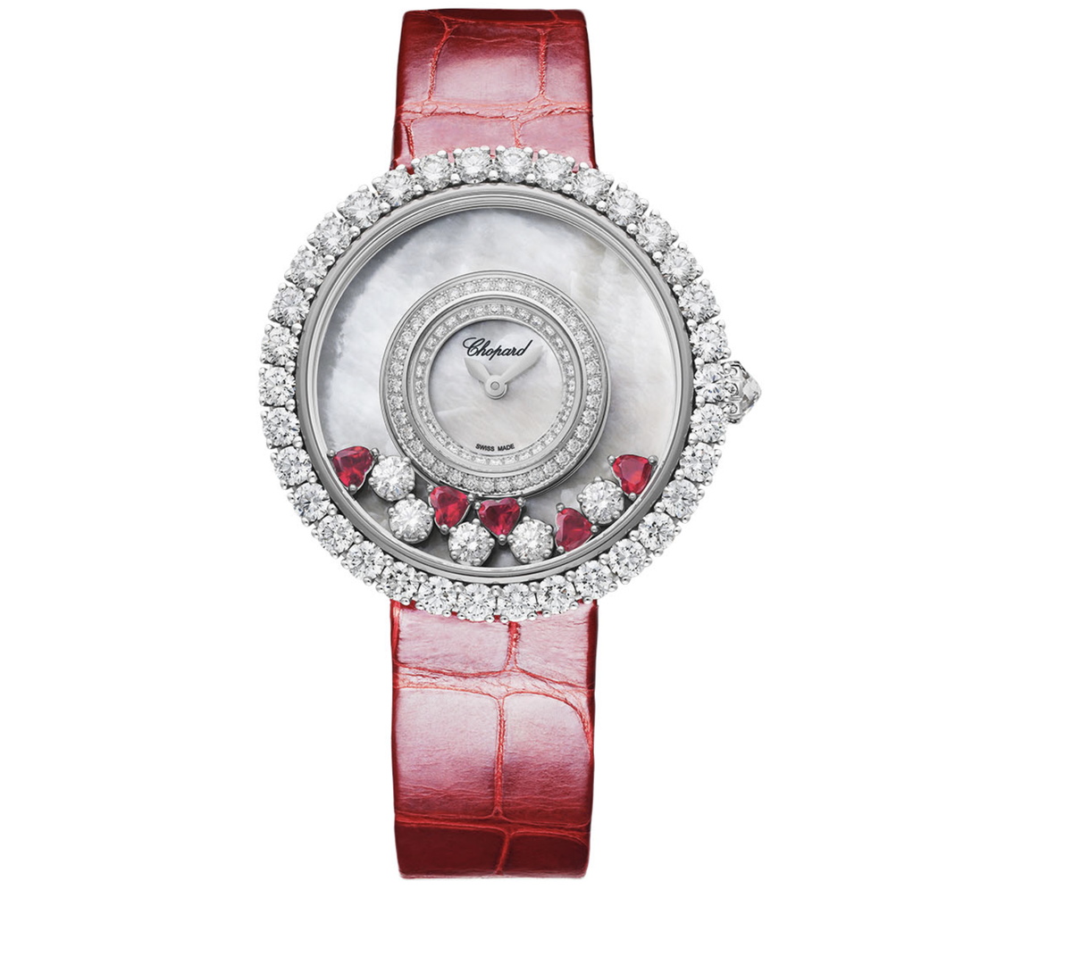 Часы Chopard Happy Diamonds Icons Round Ruby Heart в 37.7 мм корпусе из белого золота с бриллиантами по безелю с 5 плавающими бриллиантами и 5 плавающими рубинами