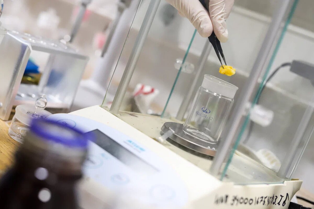 Образец кипятят, чтобы получить янтарную вытяжку (водный экстракт окаменелой смолы)