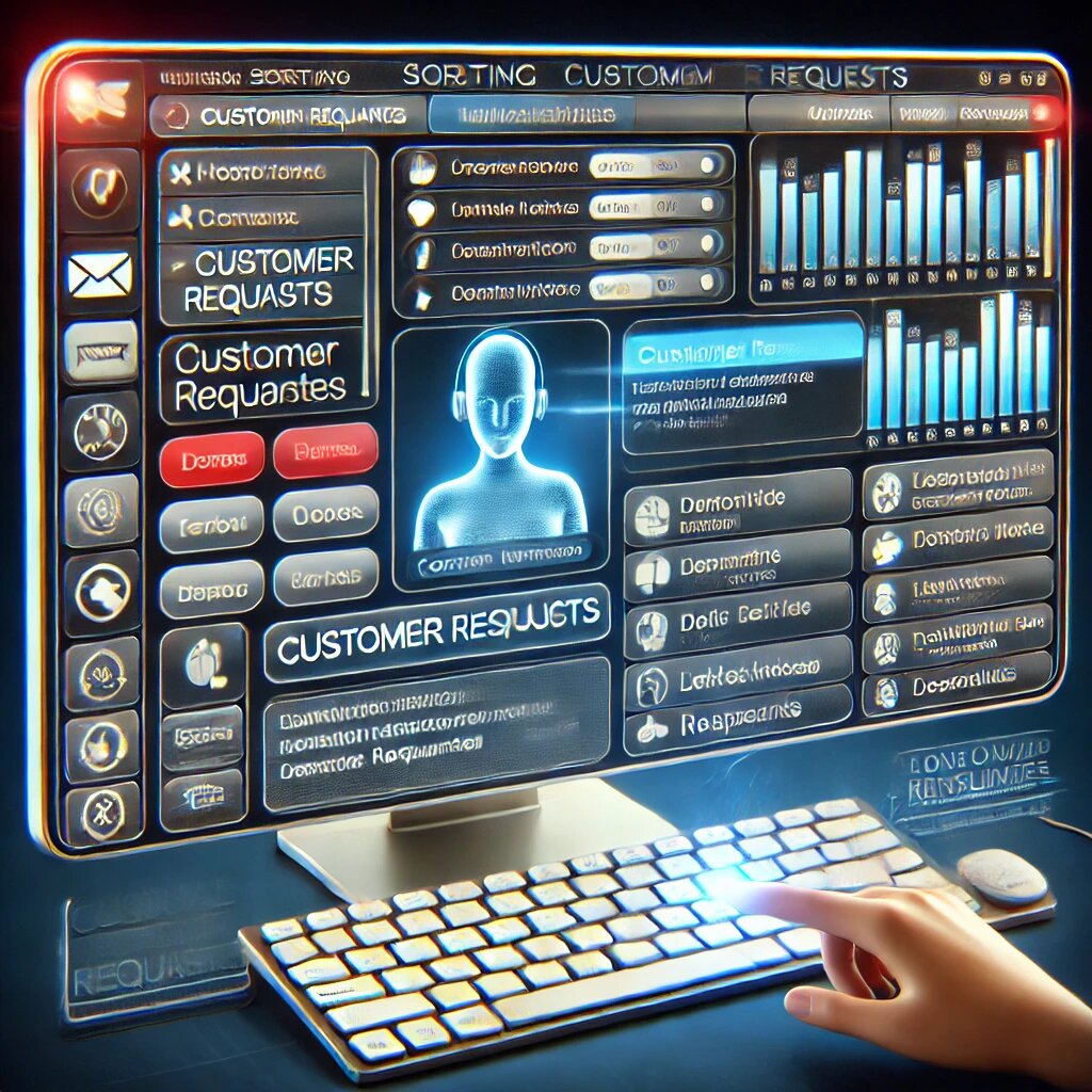  экран компьютера с цифровым ассистентом, автоматически сортирующим заявки клиентов.