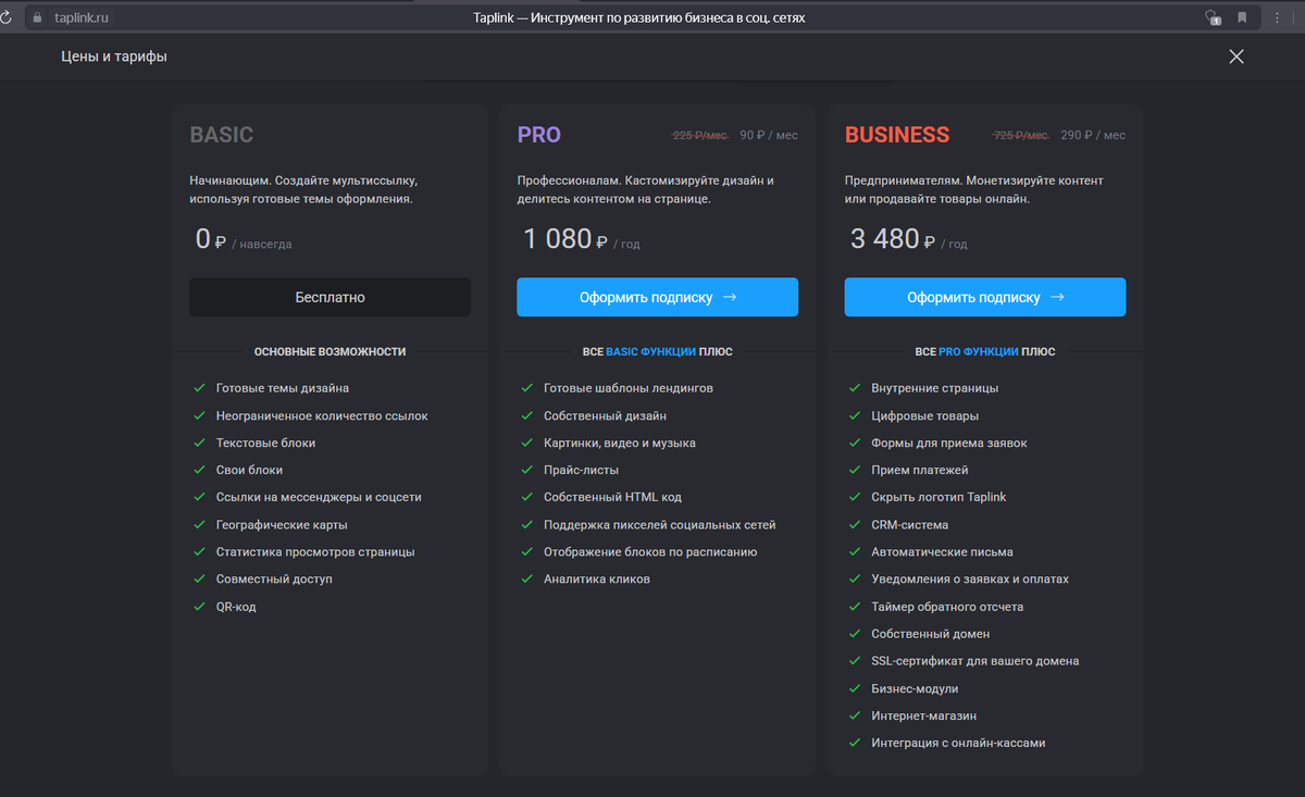 Тарифы Taplink