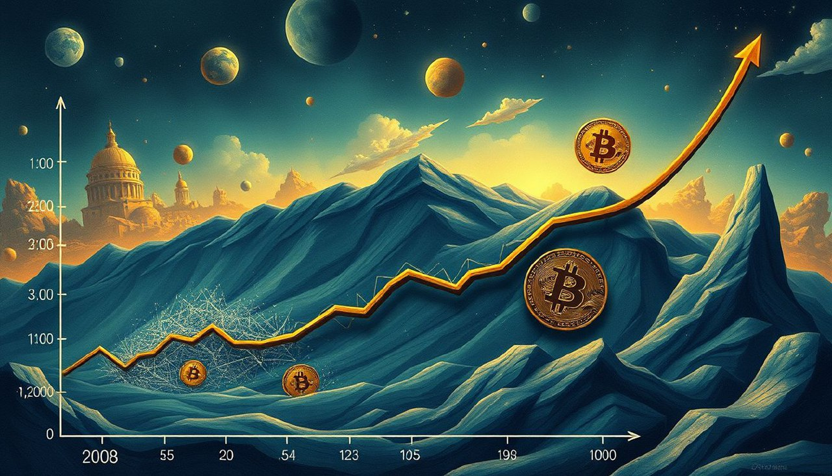 График обвала финансовых рынков в 2008 году и восходящая кривая биткоина.