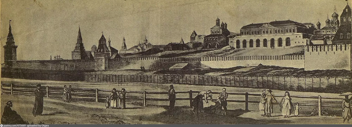Софийская набережная в 1750 году и вид на Кремль. С сайта www.pastvu.com.