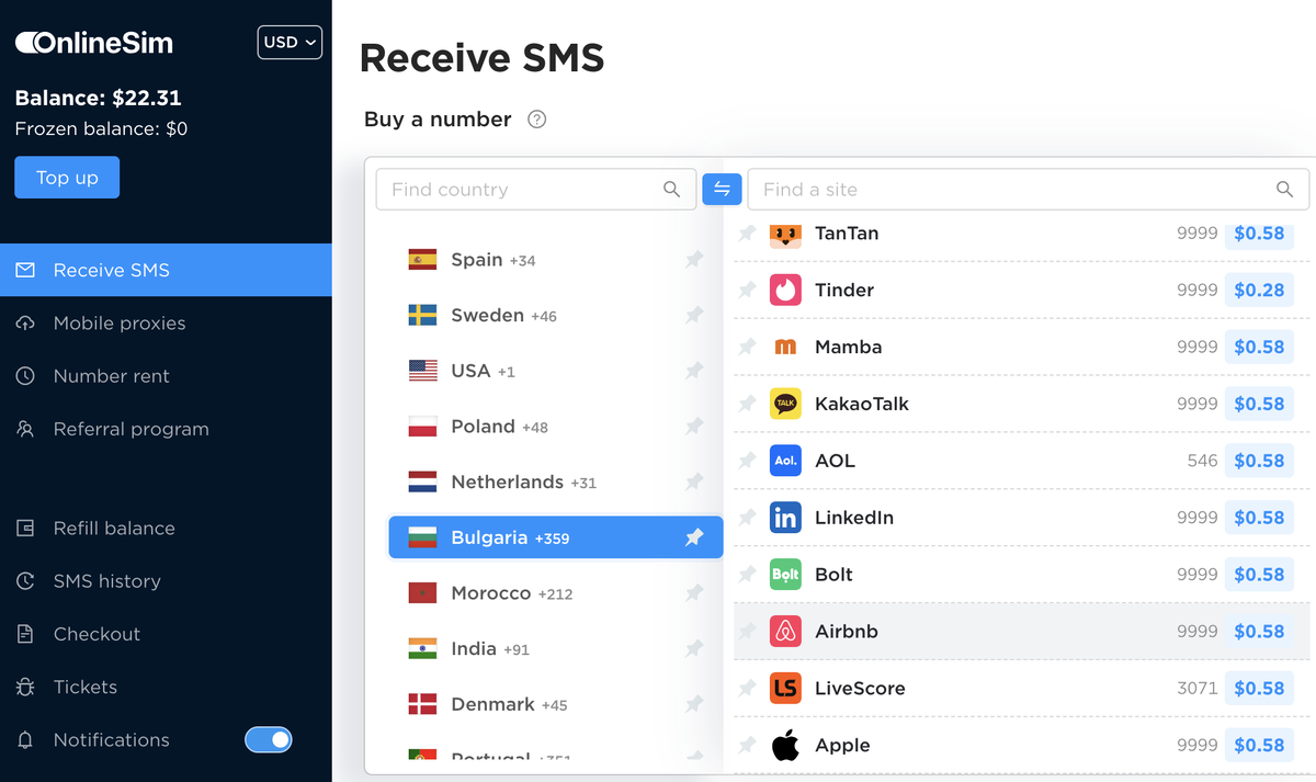 пример сервиса для аренды номера телефона - смотрите цену на смс с Airbnb