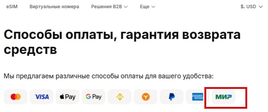 Доступные варианты оплаты, включая карты МИР