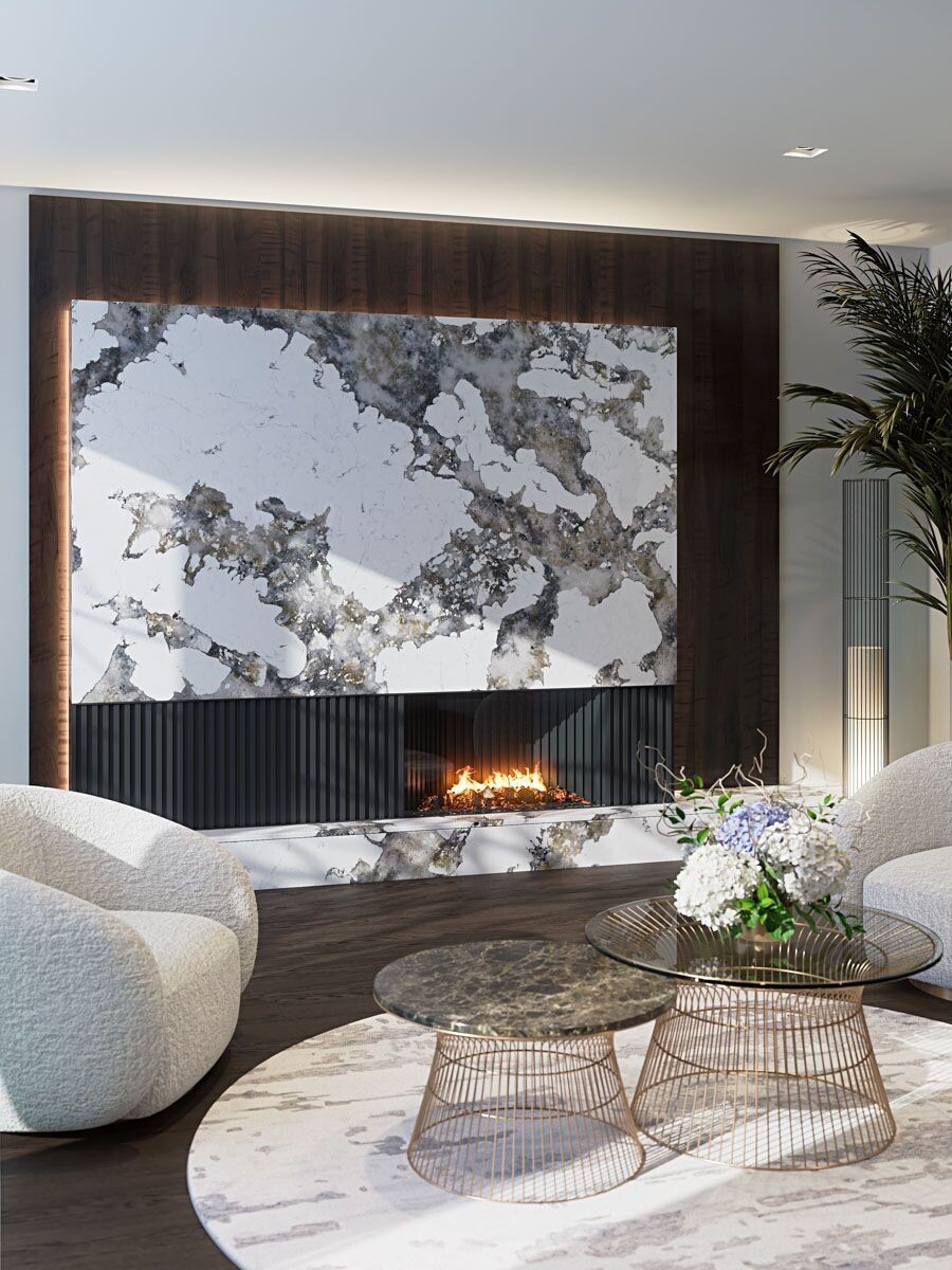 Кварцевый камень Primax Patagonia 312 в интерьере гостиной