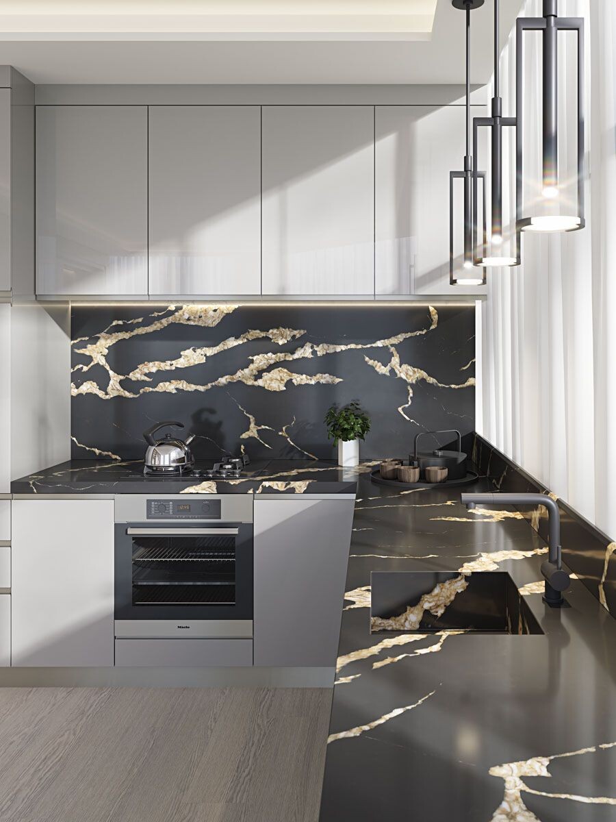 Кварцевый камень Primax Calacatta Back Gold 786 в интерьере кухни