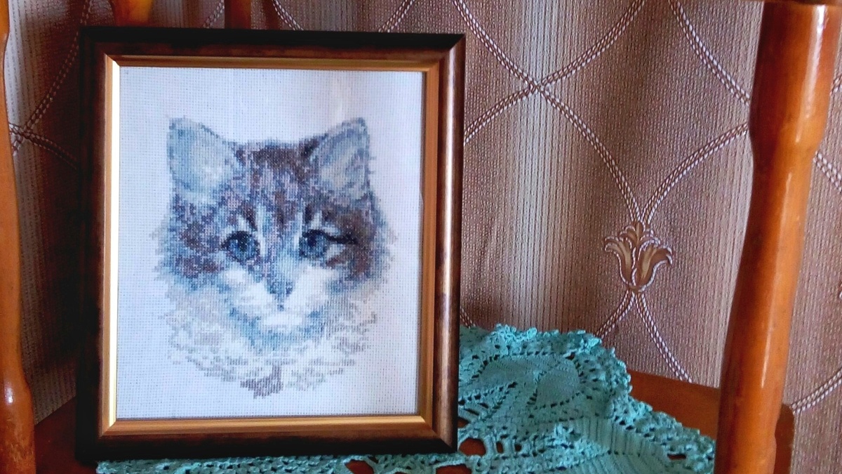 Пушок, Золотое Руно (мой первый вышитый набор, канва 14 каунта белого цвета)