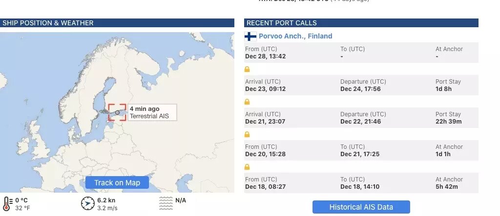 Танкер Eagle S продолжает оставаться на якоре в Финляндии. Фото: vesselfinder.com