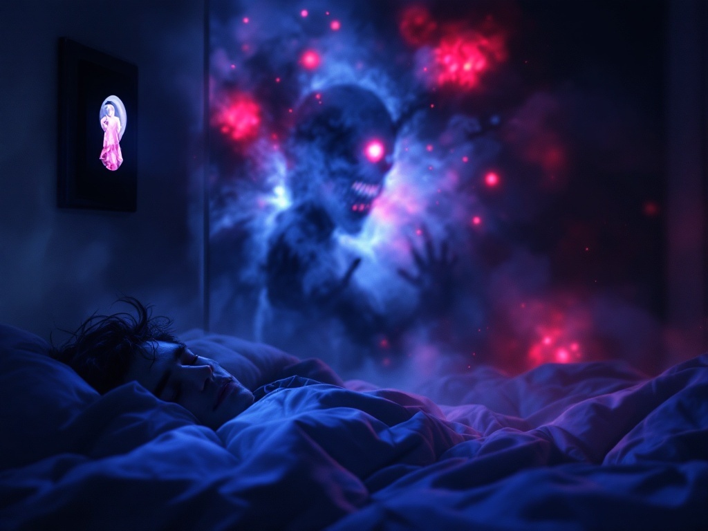    К чему такое снится: Художник изобразит момент, когда человек стоит у выключателя света рядом с дверью и заглядывает в глазок. Снаружи видно злого духа, который пытается ворваться в дом,