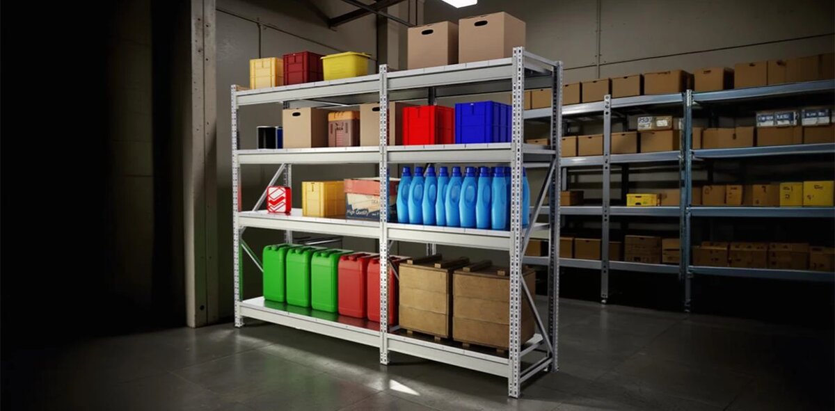 Среднегрузовой стеллаж в интерьере склада - фото СтеллажМастер