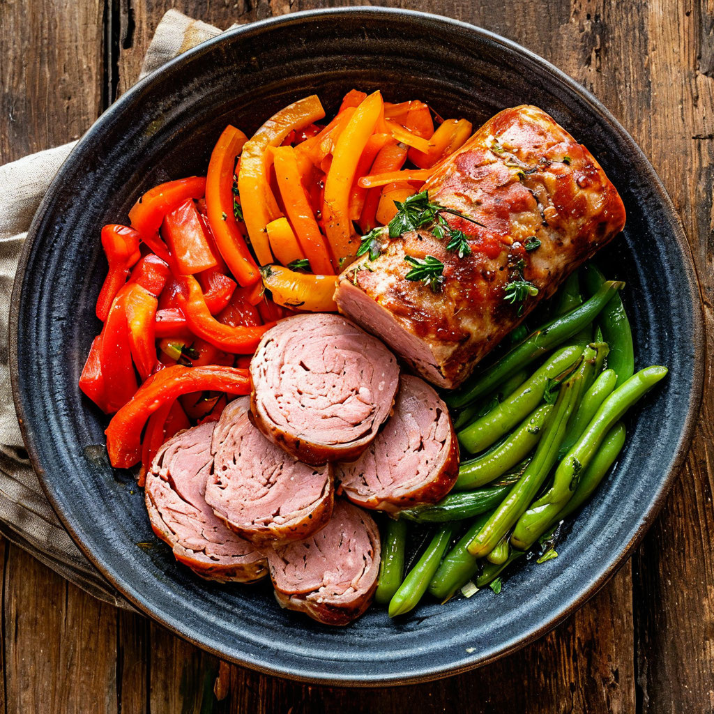 Рулет из рубленого мяса с ветчиной и гарниром из сырых овощей: изысканное блюдо!