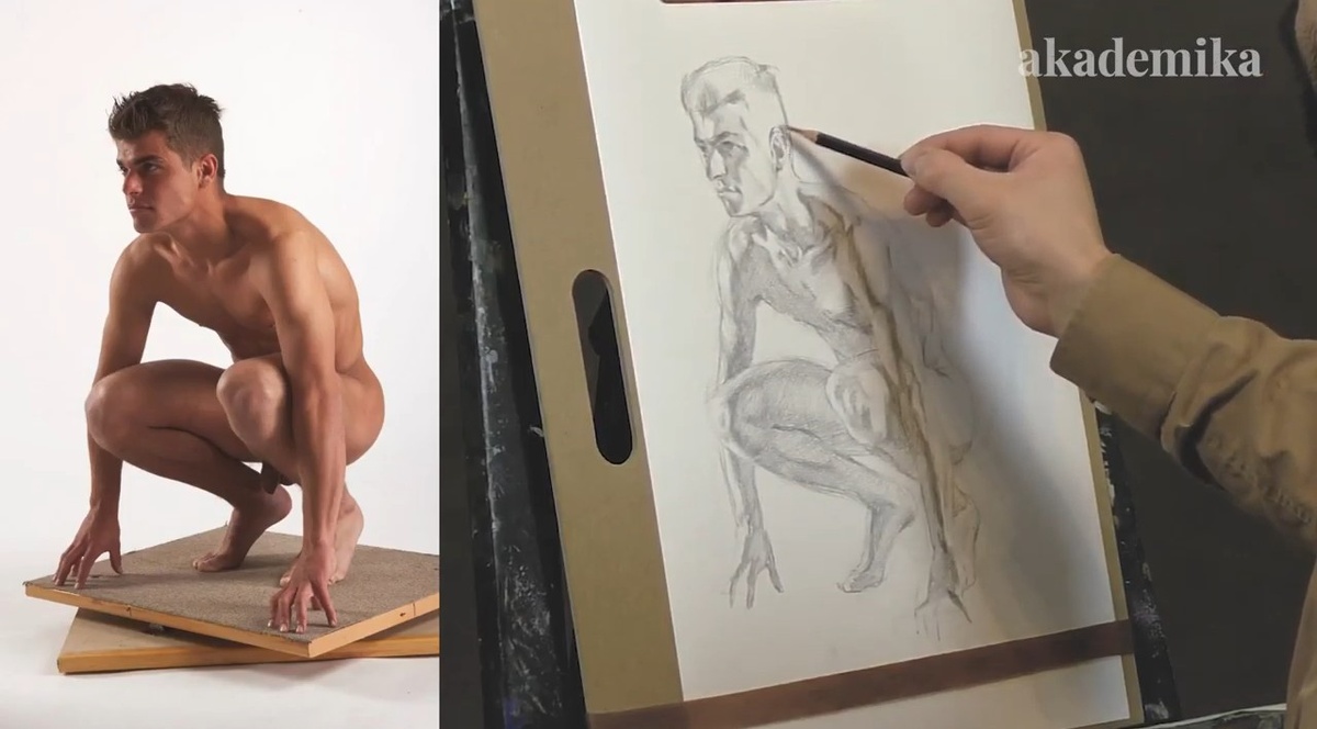 Штудия мужской обнаженной фигуры . ИСТОЧНИК — КАНАЛ YOU TUBE “akademika”