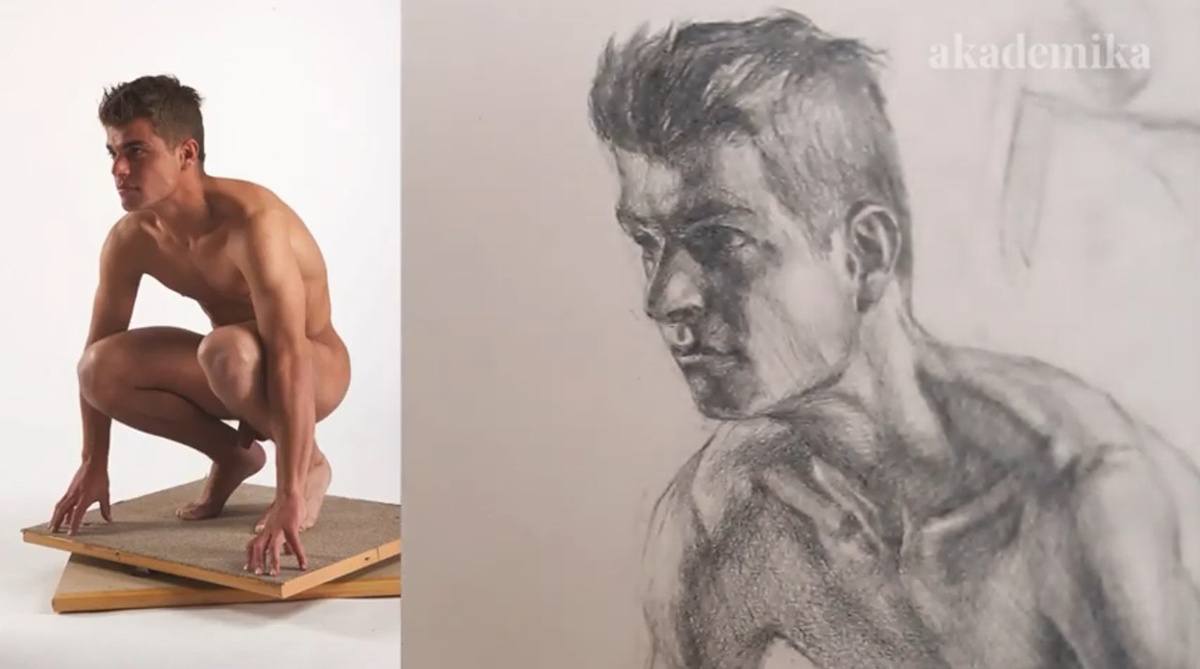 Штудия мужской обнаженной фигуры . ИСТОЧНИК — КАНАЛ YOU TUBE “akademika”