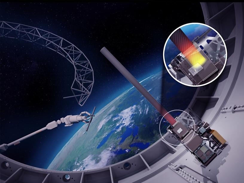 Художественная иллюстрация структурной сборки и экспериментов по формированию новых композитных материалов, которые будут проводиться в космосе в 2026 году в ходе 3-й фазы программы DARPA NOM4D.    
 Иллюстрация: University of Illinois Urbana-Champaign  📷
