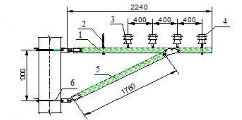 Проверить положение кронштейна и состояние его крепления
на опоре (рисунок 1). 1 – кронштейн деревянный верхний; 2 – штырь ограничительный;
3 – штырь с полиэтиленовым колпачком; 4 – изолятор ШФ-20;
5 – подкос деревянный; 6 – хомут
Рисунок 1 – Кронштейн типа ДНО для подвешивания проводов
линий электропередачи напряжением до 1000 В