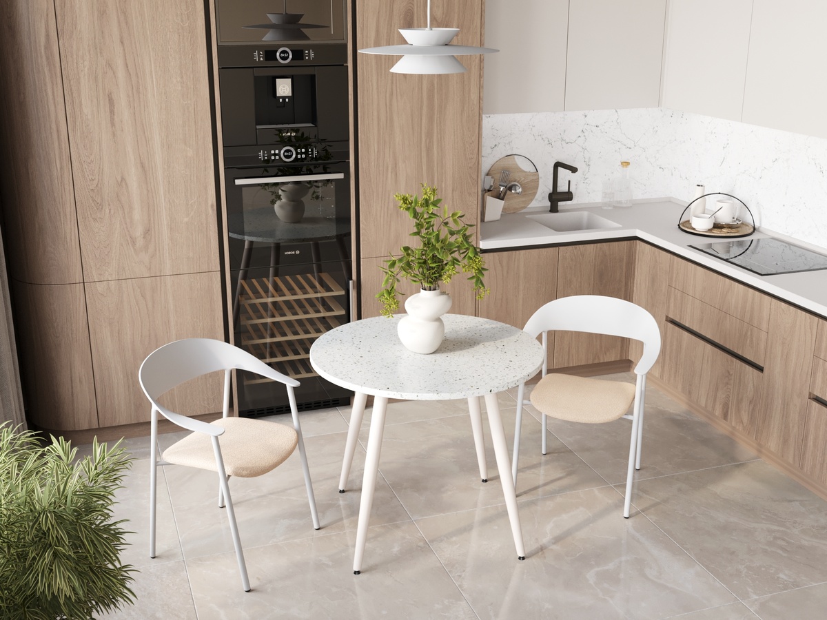 Стул Eila с подушкой пластик белый, Стол Nymphaea D90 терраццо, Светильник Moderli V11109-PL Chester