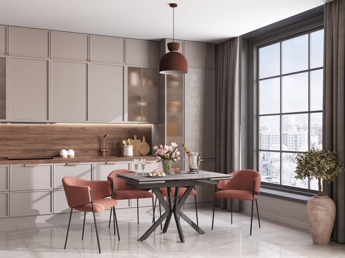 Стул Carmel шенилл пыльно-розовый, Стол Marmer 120-180х80х76 см керамика антрацит