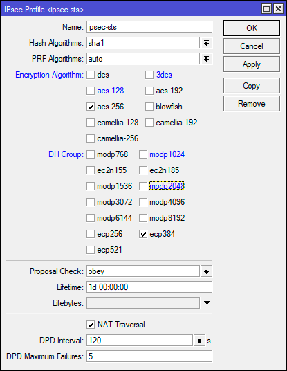 Настройка профиля IPSEC