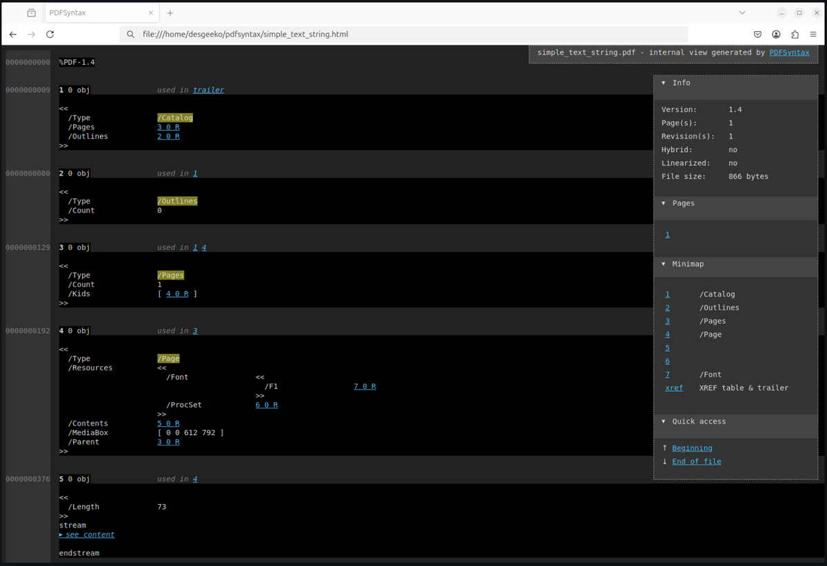 Статичный html Источник: https://github.com/desgeeko/pdfsyntax/blob/main/docs/browse.md
