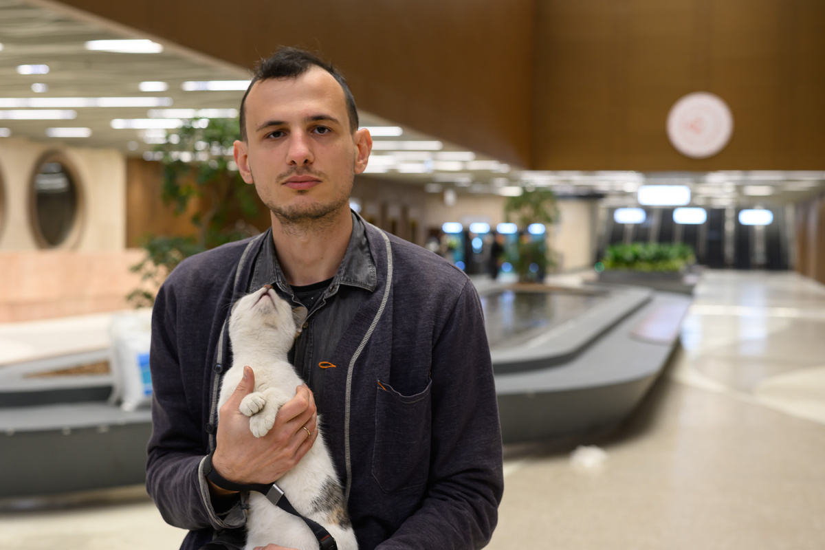 котейко играющих с рыбками в фонтане аэропорта Стамбула и мой друг 