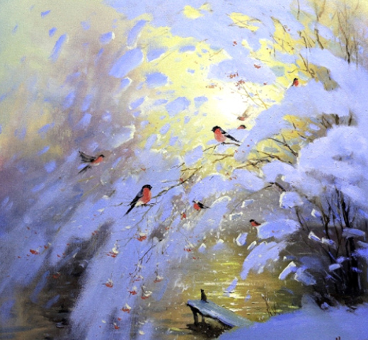 Снегири . 2023 г. холст, масло 70х70.Источник изображения : vk.com›wall-15445454