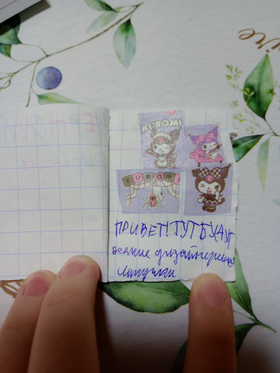 Думаю многим будет не понятно😓. Там написано: «Привет! Тут будут всякие дизайнерские штучки». Нарисована уже известная вам «Kuromi» из «Sanrio»