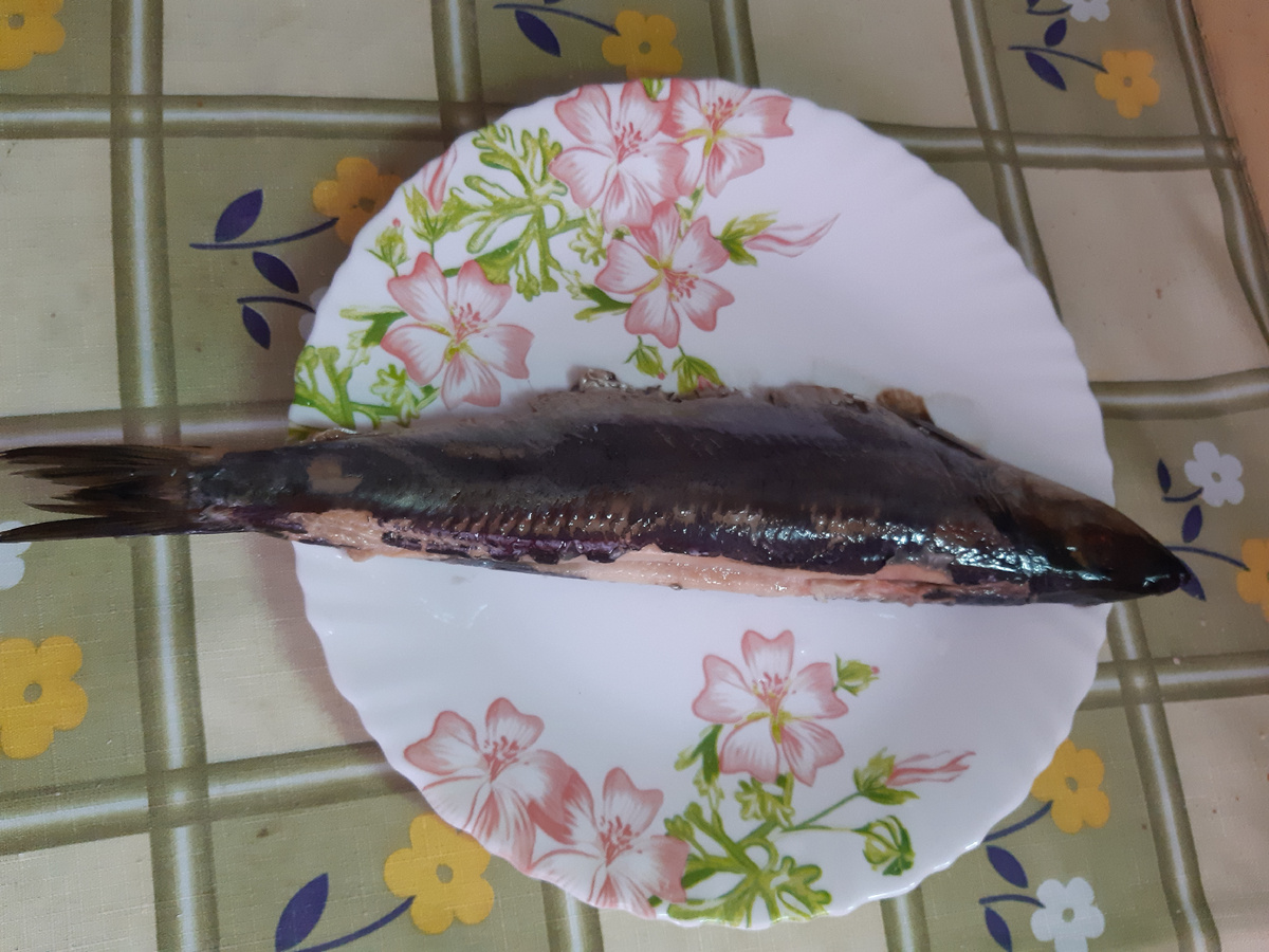 Снят верхний плавник, шкура, внутренности.