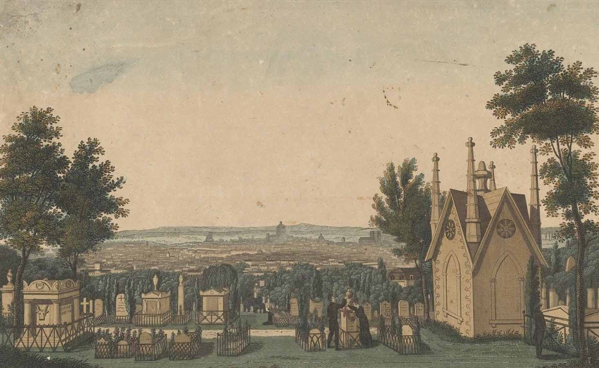 Вид на кладбище Пер-Лашез из готической часовни, гравюра Гиге