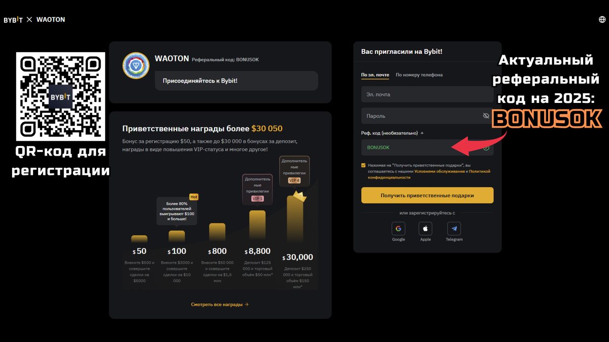 Регистрация на бирже Байбит по рефкоду Bonusok: сканируйте QR-код