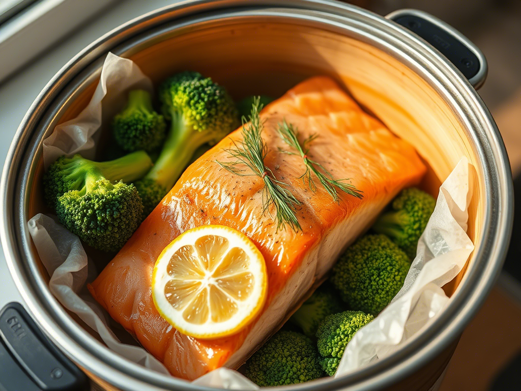 Лосось на пару с брокколи