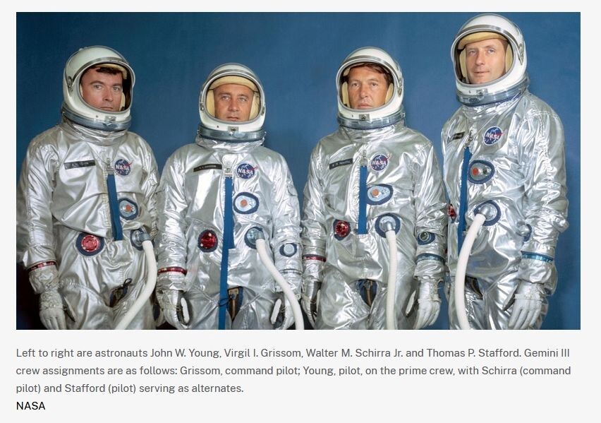 Основной и дублирующий экипажи корабля "Джемини-3". С сайта nasa.gov.