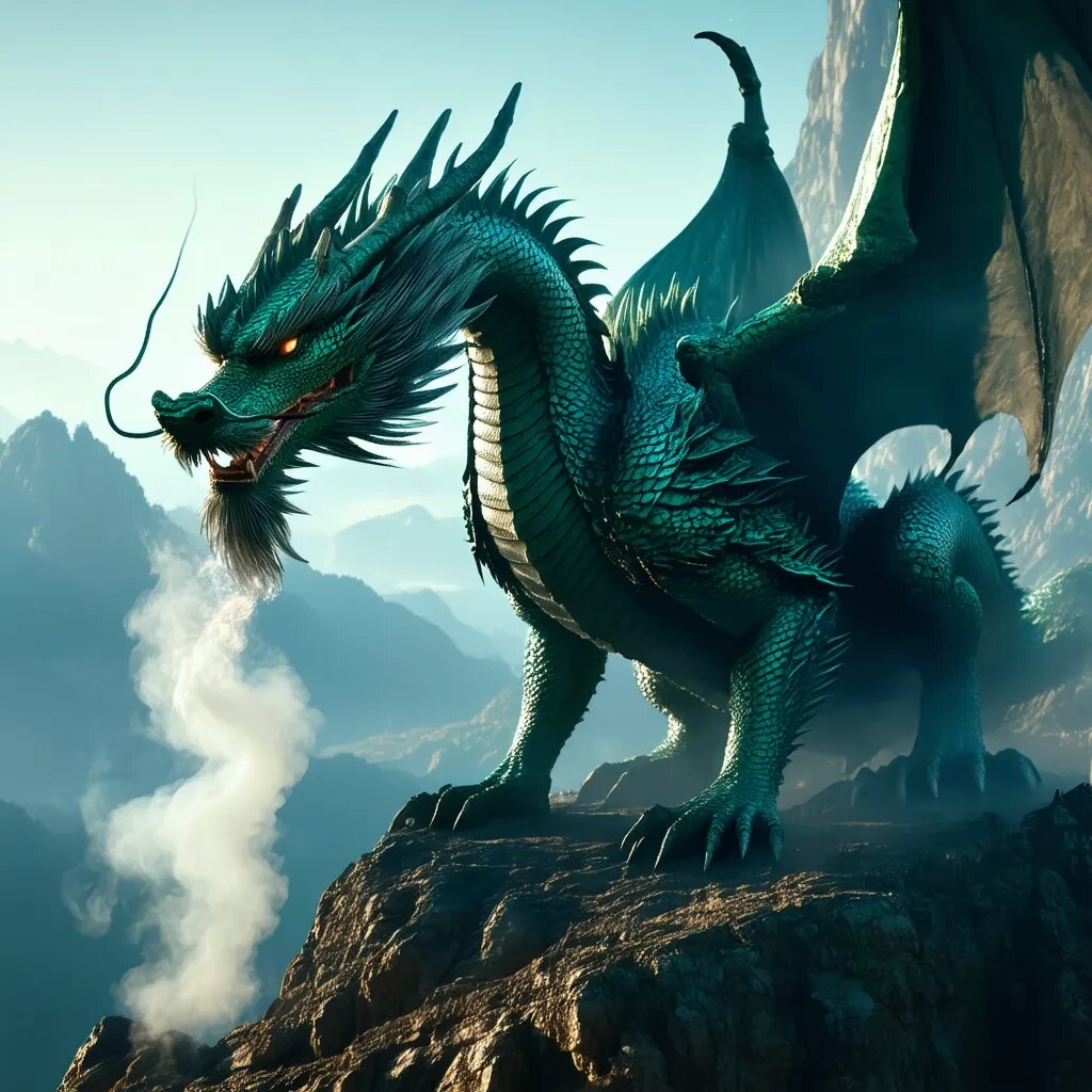 Величественный дракон на вершине горы, с дымом из ноздрей и сияющими глазами