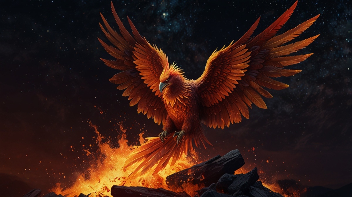 Феникс, восстающий из пепла, с сияющими перьями на фоне звёздного неба