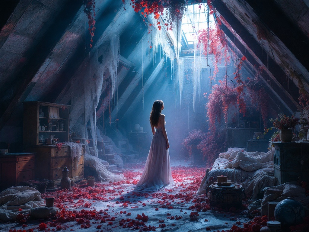    К чему такое снится: Художник нарисует сцену на чердаке старого дома: женщина стоит среди старой мебели и вещей, покрытой паутиной и пылью. Около нее виден открытый люк и лестница.