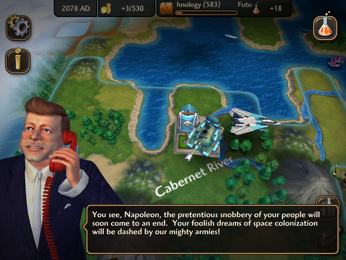 В мобильной Civilization: Revolution 2 Джон Кеннеди вполне может объявить войну Наполеону в 2078 году, а ведь француз просто хотел покорить космос