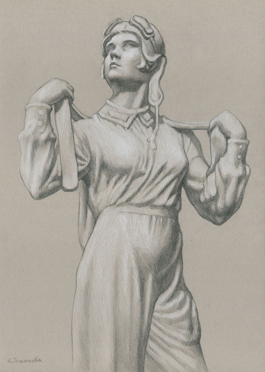К. Тихонова. Скульптура «Парашютистка». 2025. Бум. тон., ит. карандаш, мел. 38×27.