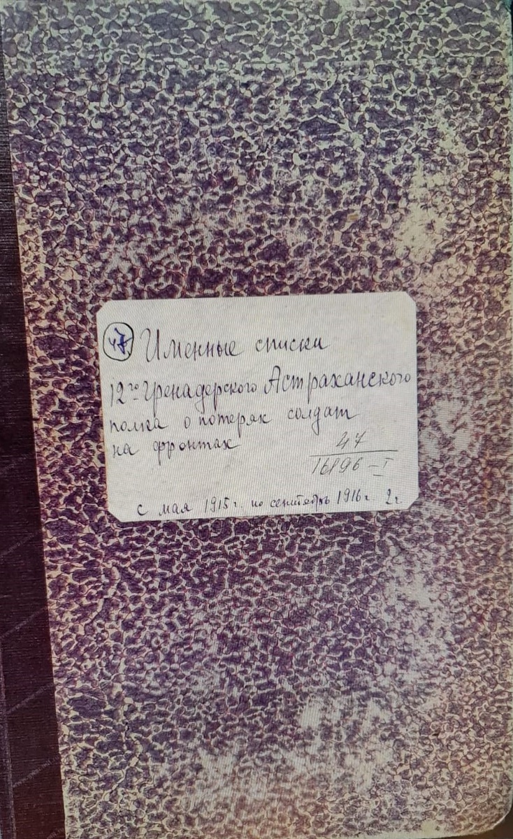 Именные списки 12-го гренадерского Астраханского полка о потерях солдат на фронтах. С мая 1915 года по сентябрь 1916 года. https://book-olds.ru/BookLibrary/00928-RGVIA-spiski-poter-polkov-RIA-f.-16196/0046-47-1914-16.-Imennyie-spiski-12-go-grenaderskogo-Astrahanskogo-polka-o-poteryah-nizhnih-chinov-na-frontah-Velikoy-Voynyi-1914-18-gg.html