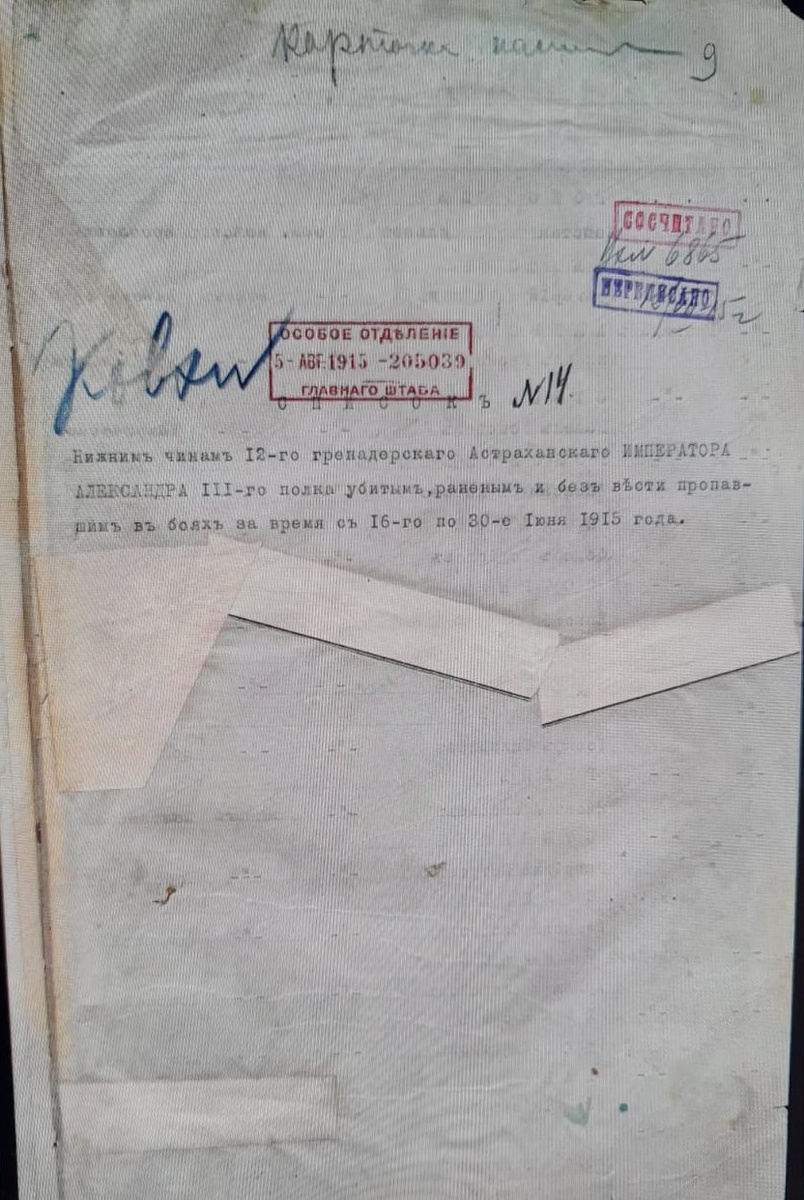 Список № 14. Нижним чинам 12-го гренадерскаго Астраханскаго ИМПЕРАТОРА АЛЕКСАНДРА III-го полка убитым, раненым и без вести пропавшим в боях за время с 16-го по 30-е июня 1915 года.