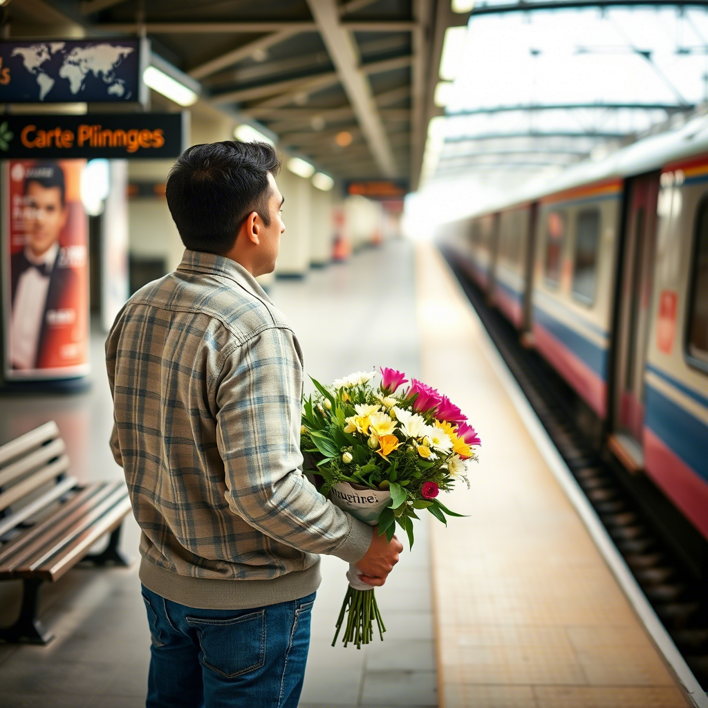 Сергей пришел встретить супругу с цветами. 