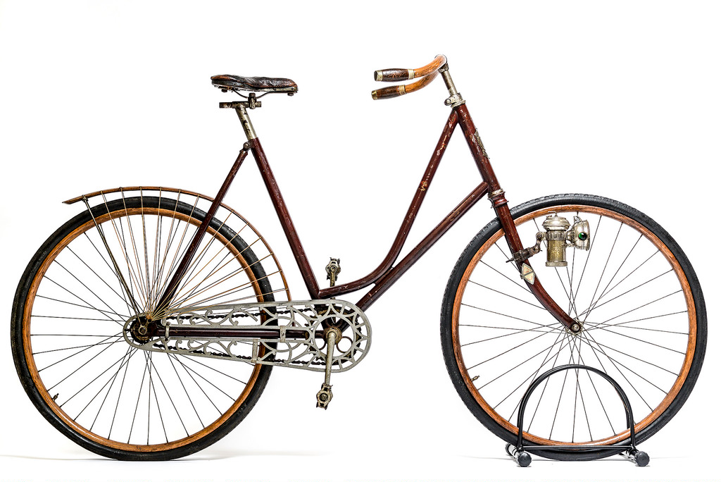 A Women’s Safety

The Columbus Bicycle Co., Columbus, Ohio; Columbia Lady's Pneumatic Safety Bicycle; ca. 1897; Steel, wood, cast aluminum, rubber, cork, hemp twine; Cycling Museum of Minnesota, Collection of Juston Anderson; L2014.1.5