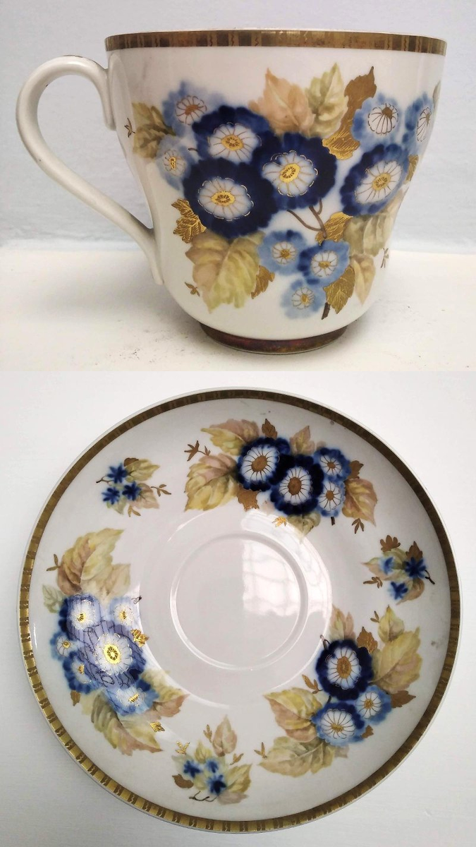 Чашка-гигант высотой 13,0 см. и блюдце-гигант диаметром 23,0 см. фарфор, роспись подглазурная, роспись надглазурная, позолота, цировка. Областное государственное бюджетное учреждение культуры "Ульяновский областной художественный музей".