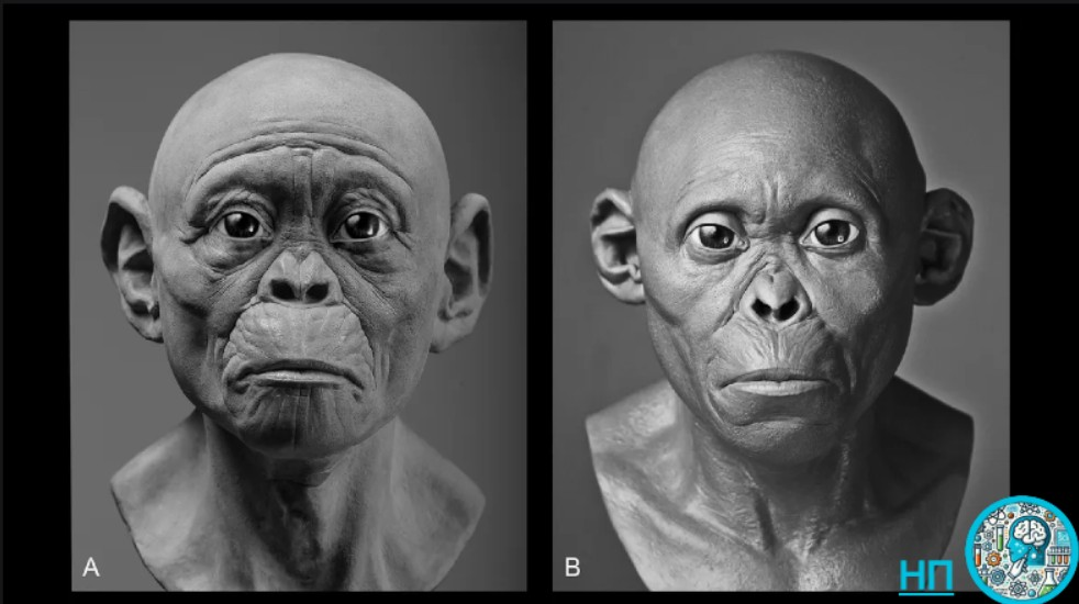 Эти две реконструкции лица ребенка из Таунга (без волос и пигмента) показывают, как мог выглядеть трехлетний ребенок с более обезьяньими чертами (слева) по сравнению с более человеческими чертами (справа). 