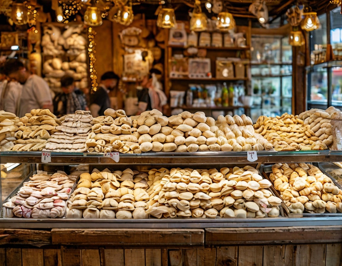 Витрина с пельменями, хинкали