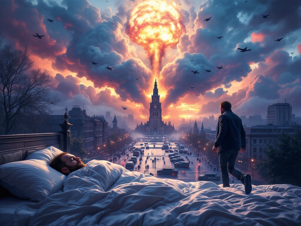    К чему такое снится: На картине изображена центральная площадь города в момент хаоса. Над городом летят военные самолеты, вдалеке видны грибовидные облака от взрывов. На площади ворвалис